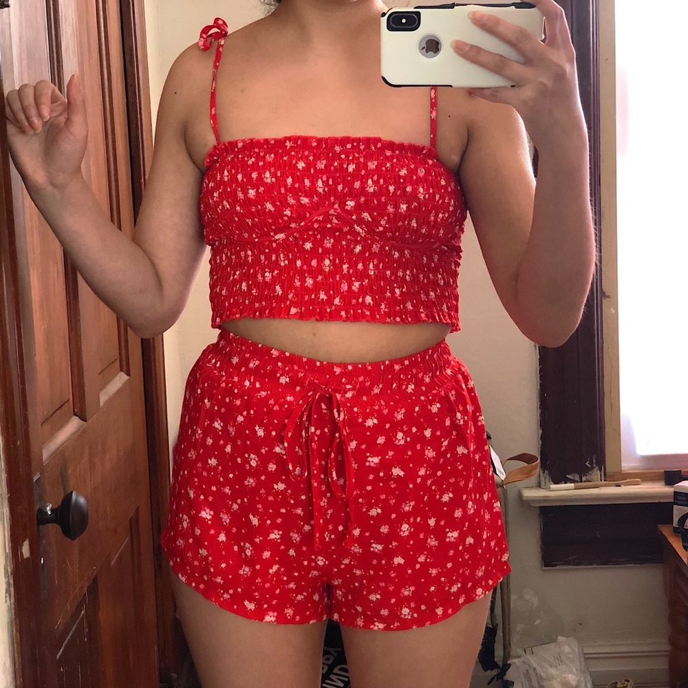 Red Floral Tiger Mist Crop Top and Shorts Set